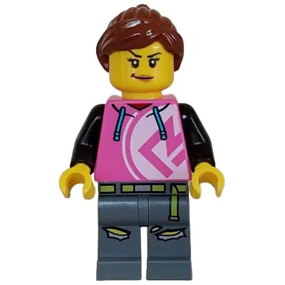 Kick Scooter Driver - Female, Dark Pink Hoodie, Dark Bluish Gray Legs