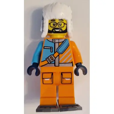 Arctic Explorer - Male, Orange and Medium Azure Jacket, Dark Blue Ushanka Hat, Black Beard, Glasses, Dark Bluish Gray Snowshoes