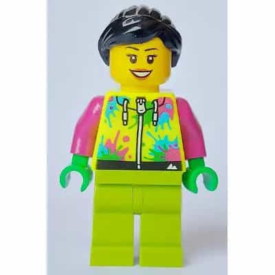 Mountain Bike Cyclist - Female, Neon Yellow Jacket with Paint Splotches, Lime Legs, Black Hair