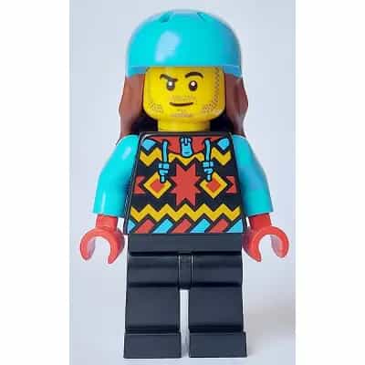 Snowboarder - Male, Geometric Jacket, Black Legs, Medium Azure Sports Helmet, Reddish Brown Long Hair
