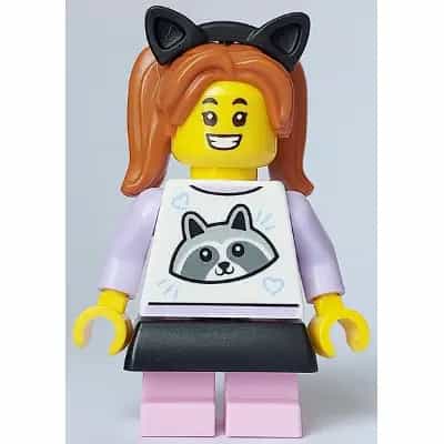 Child - Girl, White Top with Raccoon, Bright Pink Short Legs, Dark Orange Pigtails, Black Skirt and Cat Ears