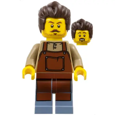 Barber - Male, Reddish Brown Apron, Sand Blue Legs, Dark Brown Hair, Stubble