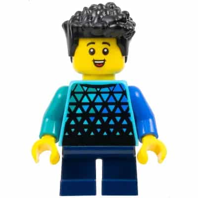 Child - Boy, Medium Azure Top with Triangles, Dark Blue Short Legs, Black Hair
