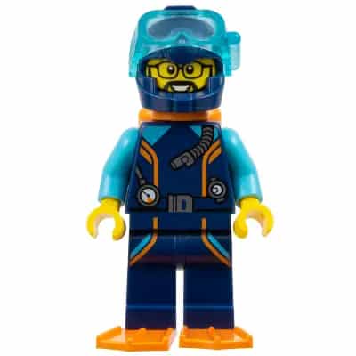 Arctic Explorer Diver - Male, Dark Blue Diving Suit and Helmet, Orange Air Tanks and Flippers, Trans-Light Blue Diver Mask, Beard and Glasses