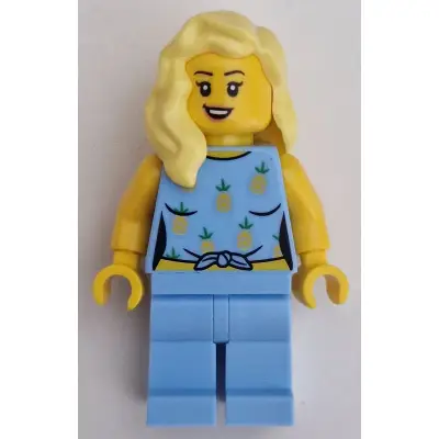 Car Driver - Female, Bright Light Blue Knotted Top with Pineapples and Legs, Bright Light Yellow Hair