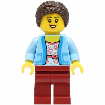 Mom - Bright Light Blue Jacket over White Shirt with Coral Flowers, Dark Red Legs, Dark Brown Hair Braided with Knot Bun