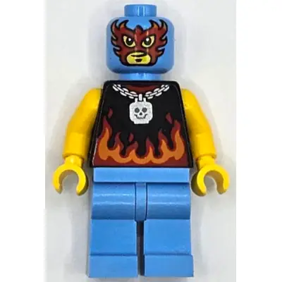 Taco Monster Truck Driver - Male, Black Sleeveless Shirt with Flames, Medium Blue Legs, Wrestling Mask