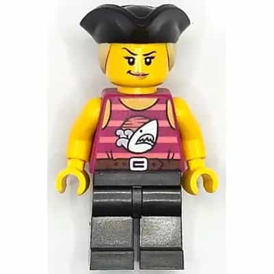 Pirate Monster Truck Driver - Female, Magenta Tank Top with Coral Stripes and Silver Shark, Pearl Dark Gray Legs, Black Tricorne Hat with Tan Ponytail