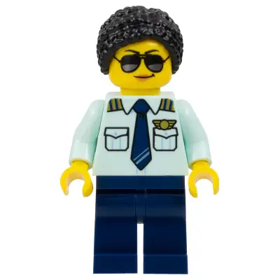 Passenger Plane Pilot - Female, Light Aqua Uniform Shirt with Tie, Dark Blue Legs, Black Hair Braided with Knot Bun, Sunglasses