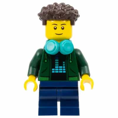 Video Game Player - Male, Dark Green Hoodie, Dark Blue Medium Legs, Dark Brown Coiled Hair, Dark Turquoise Headphones