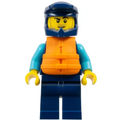 Water Scooter Driver - Male, Dark Blue Diving Suit and Dirt Bike Helmet, Orange Life Jacket, Lopsided Smirk