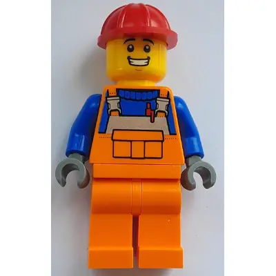 Construction Worker - Male, Orange Overalls with Reflective Stripe and Buckles over Blue Shirt, Orange Legs, Red Construction Helmet, Open Mouth Smile