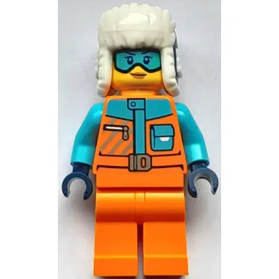 Arctic Explorer - Female, Orange Jacket, Dark Blue Ushanka Hat, Medium Azure Goggles