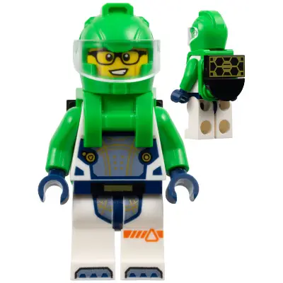 Astronaut - Male, White Spacesuit with Bright Green Arms, Bright Green Helmet, Trans-Clear Visor, Bright Green Harness with Solar Panel, Glasses