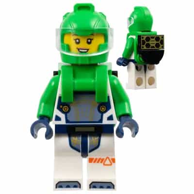 Astronaut - Female, White Spacesuit with Bright Green Arms, Bright Green Helmet, Trans-Clear Visor, Bright Green Harness with Solar Panel, Open Mouth