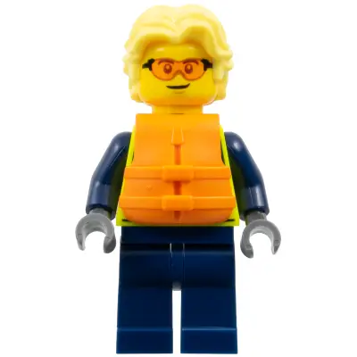 Police - City Officer Male, Neon Yellow Safety Vest, Dark Blue Legs, Bright Light Yellow Wavy Hair, Orange Life Jacket, Safety Glasses