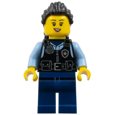 Police - City Officer Female, Black Safety Vest with Silver Star Badge Logo, Dark Blue Legs, Black Hair Long with Braided Ponytail