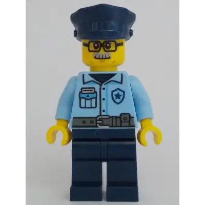 Police - City Officer Male, Bright Light Blue Uniform with Dark Bluish Gray Belt, Dark Blue Legs, Dark Blue Police Hat, Glasses, Moustache
