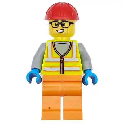 Construction Worker - Male, Neon Yellow Safety Vest with Reflective Stripes, Orange Legs, Red Construction Helmet, Black Glasses