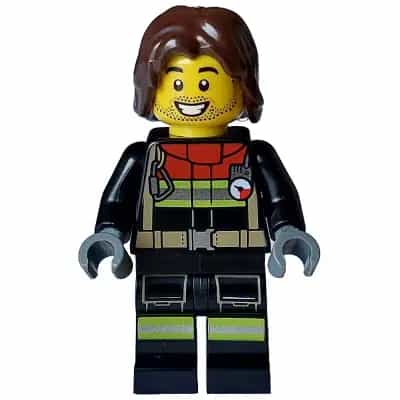 Fire - Male, Black Jacket and Legs with Reflective Stripes and Red Collar, Dark Brown Hair Mid-Length Tousled