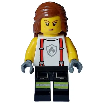 Fire - Female, White Shirt with Suspenders, Legs with Reflective Stripes, Reddish Brown Hair with Braid