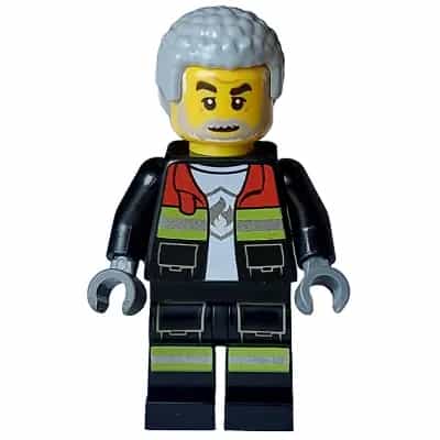 Fire - Male, Black Open Jacket and Legs with Reflective Stripes and Red Collar, Light Bluish Gray Coiled Hair