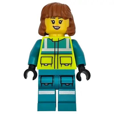 Ambulance Driver - Female, Dark Turquoise and Neon Yellow Safety Vest, Legs with Silver Reflective Stripes, Dark Orange Mid Length Hair