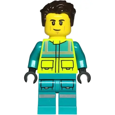 Paramedic - Male, Dark Turquoise and Neon Yellow Safety Vest, Legs with Silver Reflective Stripes, Dark Brown Hair
