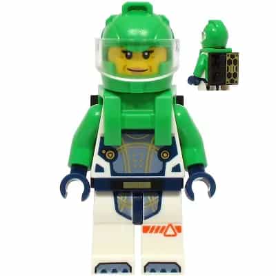 Astronaut - Female, White Spacesuit with Bright Green Arms, Bright Green Helmet, Trans-Clear Visor, Bright Green Harness with Solar Panel and Black Clip