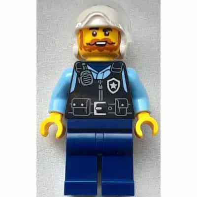Police - City Officer Male, Black Safety Vest with Silver Star Badge Logo, Dark Blue Legs, White Helmet, Trans-Clear Visor, Beard