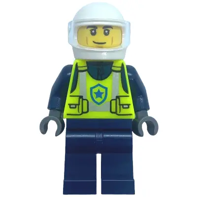 Police - City Officer Male, Neon Yellow Safety Vest, Dark Blue Legs, White Helmet, Trans-Clear Visor