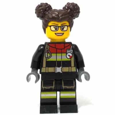 Fire - Female, Black Jacket and Legs with Reflective Stripes and Red Collar, Dark Brown Hair with Buns, Glasses