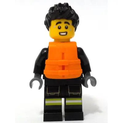 Fire - Male, Black Jacket and Legs with Reflective Stripes, Black Spiked Hair, Orange Life Jacket