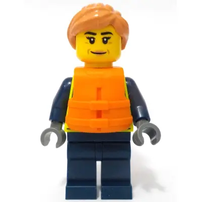 Police - City Officer Female, Neon Yellow Safety Vest, Dark Blue Legs, Nougat Hair Ponytail, Orange Life Jacket