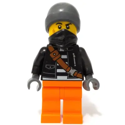 Police - City Bandit Crook Male, Black Jacket, Orange Legs, Dark Bluish Gray Beanie, Black Bandana