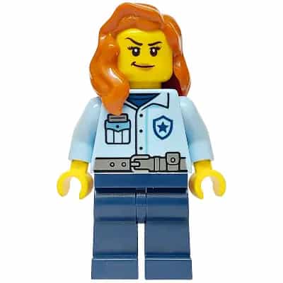 Police - City Officer Female, Bright Light Blue Uniform with Dark Bluish Gray Belt, Dark Blue Legs, Dark Orange Hair over Shoulder