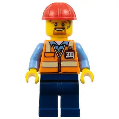 Construction Worker - Male, Orange Safety Vest with Reflective Stripes, Dark Blue Legs, Red Construction Helmet
