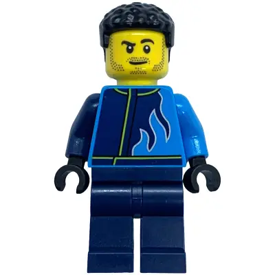 Monster Truck Driver - Male, Dark Azure and Dark Blue Racing Jacket with Flames, Dark Blue Legs, Black Hair