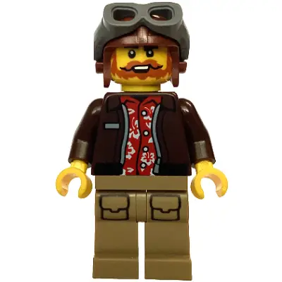 City Jungle Pilot - Male, Dark Brown Jacket over Red Hawaiian Shirt, Dark Tan Legs with Pockets, Reddish Brown Aviator Cap, Dark Bluish Gray Goggles, Beard