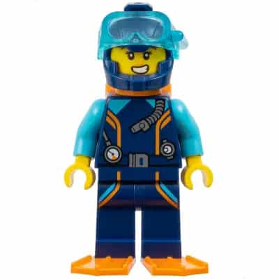 Arctic Explorer Diver - Female, Dark Blue Diving Suit and Helmet, Orange Air Tanks and Flippers, Trans-Light Blue Diver Mask, Scared