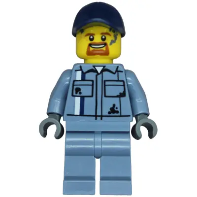 Tow Truck Driver - Male, Sand Blue Mechanic Uniform, Sand Blue Legs, Dark Blue Cap, Goatee, Splotches