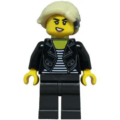 Sports Car Driver - Female, Black Leather Jacket over Shirt with White Stripes, Pearl Dark Gray Legs, Tan Hair with Cochlear Implant