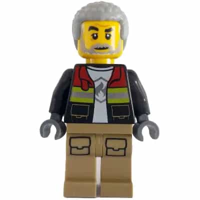 Fire - Male, Black Open Jacket with Reflective Stripes and Red Collar, Dark Tan Legs, Light Bluish Gray Coiled Hair