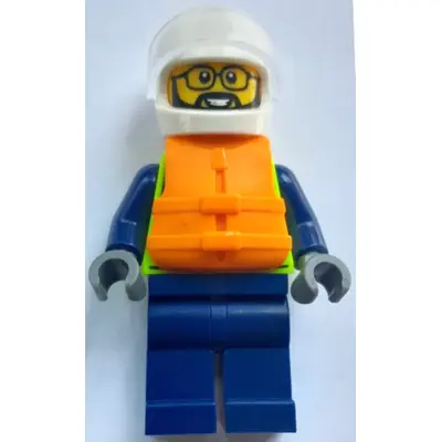 Police - City Officer Male, Neon Yellow Safety Vest, Dark Blue Legs, White Helmet, Trans-Clear Visor, Orange Life Jacket, Glasses, Beard