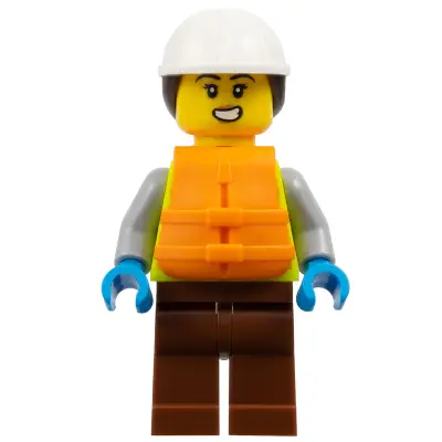 Dock Worker - Female, Neon Yellow Safety Vest with Reflective Stripes, Reddish Brown Legs, White Construction Helmet with Dark Brown Ponytail Hair, Orange Life Jacket