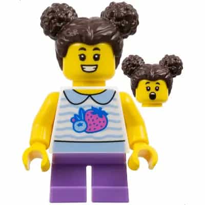 Child - Girl, White Collared Shirt with Fruit, Medium Lavender Short Legs, Dark Brown Hair with Buns