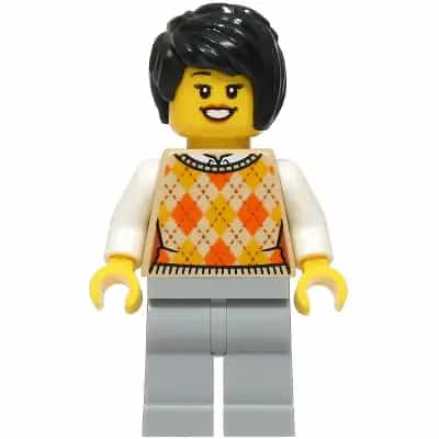 Hot Dog Stand Customer - Female, Tan Knit Argyle Sweater Vest, Light Bluish Gray Legs, Black Hair