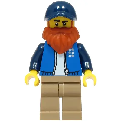 LEGO Truck Driver - Male, Blue Jacket over White Shirt, Dark Tan Legs, Dark Blue Cap, Dark Orange Beard