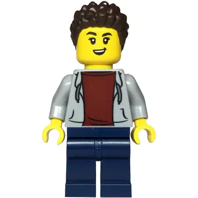 Sports Car Driver - Female, Light Bluish Gray Hoodie with Dark Red Shirt, Dark Blue Legs, Dark Brown Hair