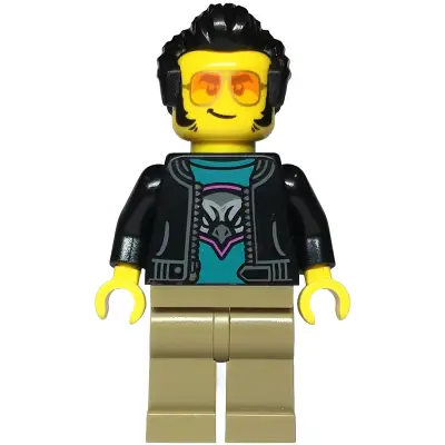 Sports Car Driver - Male, Black Jacket over Dark Turquoise Shirt with Hawk Head Logo, Dark Tan Legs, Black Hair, Sunglasses